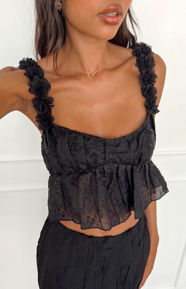 Beginning Boutique My Flower Black Top black sheer textured top with 3D floral straps sweetheart neckline and peplum hem