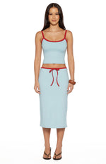 Full front view of a light blue cropped tank top with red trim on the scoop neck and spaghetti straps