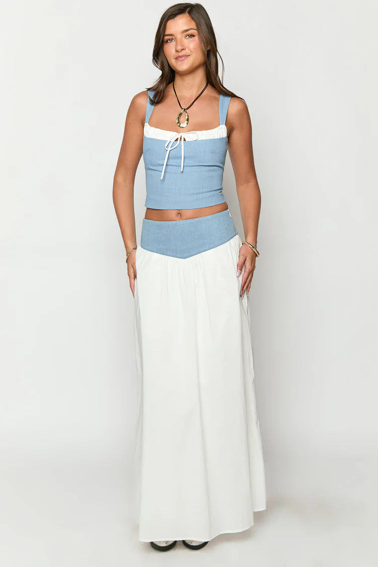 Beginning Boutique Mystic White Maxi Skirt white flowy maxi skirt with a wide blue contrast waistband