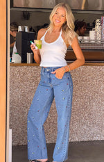 Kansis Blue Embroidered Uneven Waist Jeans