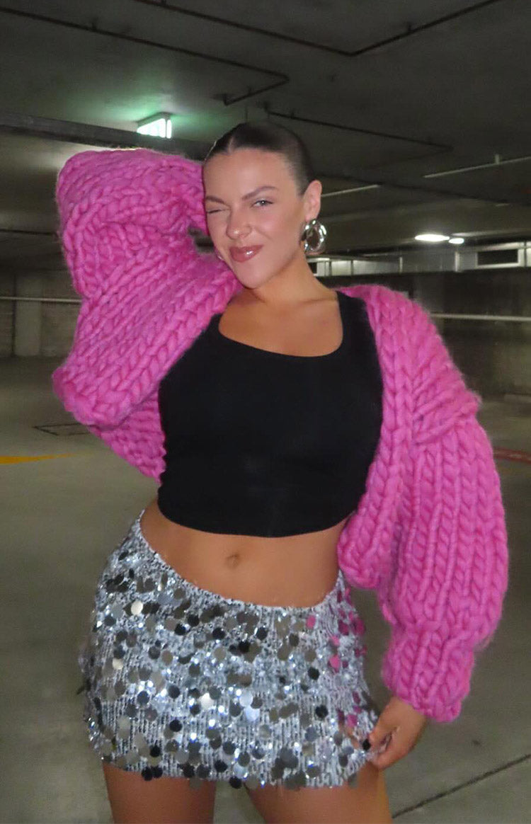 Fitted silver sequin mini skirt with all-over round flat sequins