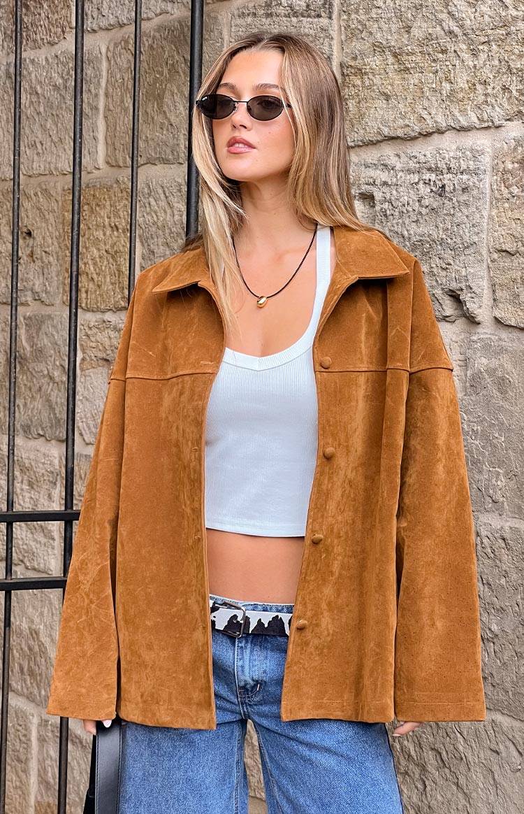 Suki Tan Suede Oversized Jacket | Beginning Boutique US