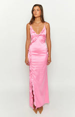 Nahanee Pink Satin Ruffle Maxi Dress - US 10 | Beginning Boutique exclusive Nahanee Pink Satin Ruffle Maxi Dress - US 10 | Beginning Boutique exclusive