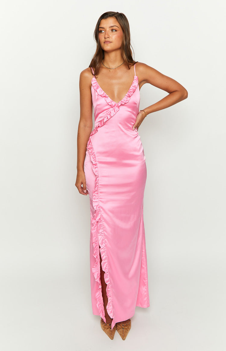 Nahanee Pink Satin Ruffle Maxi Dress – Beginning Boutique US