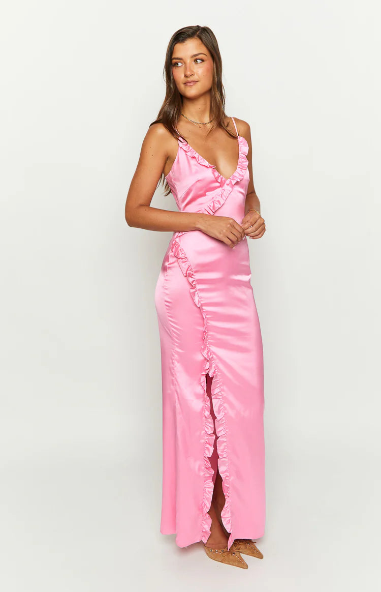 Nahanee Pink Satin Ruffle Maxi Dress - US 10 | Beginning Boutique Exclusive Nahanee Pink Satin Ruffle Maxi Dress - US 10 | Beginning Boutique Exclusive