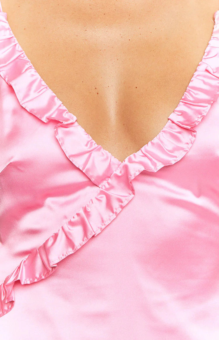 Nahanee Pink Satin Ruffle Maxi Dress - US 10 | Beginning Boutique Exclusive Nahanee Pink Satin Ruffle Maxi Dress - US 10 | Beginning Boutique Exclusive