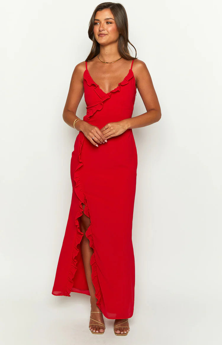 Nahanee Red Ruffle Maxi Dress - US 0 | Beginning Boutique exclusive Nahanee Red Ruffle Maxi Dress - US 0 | Beginning Boutique exclusive