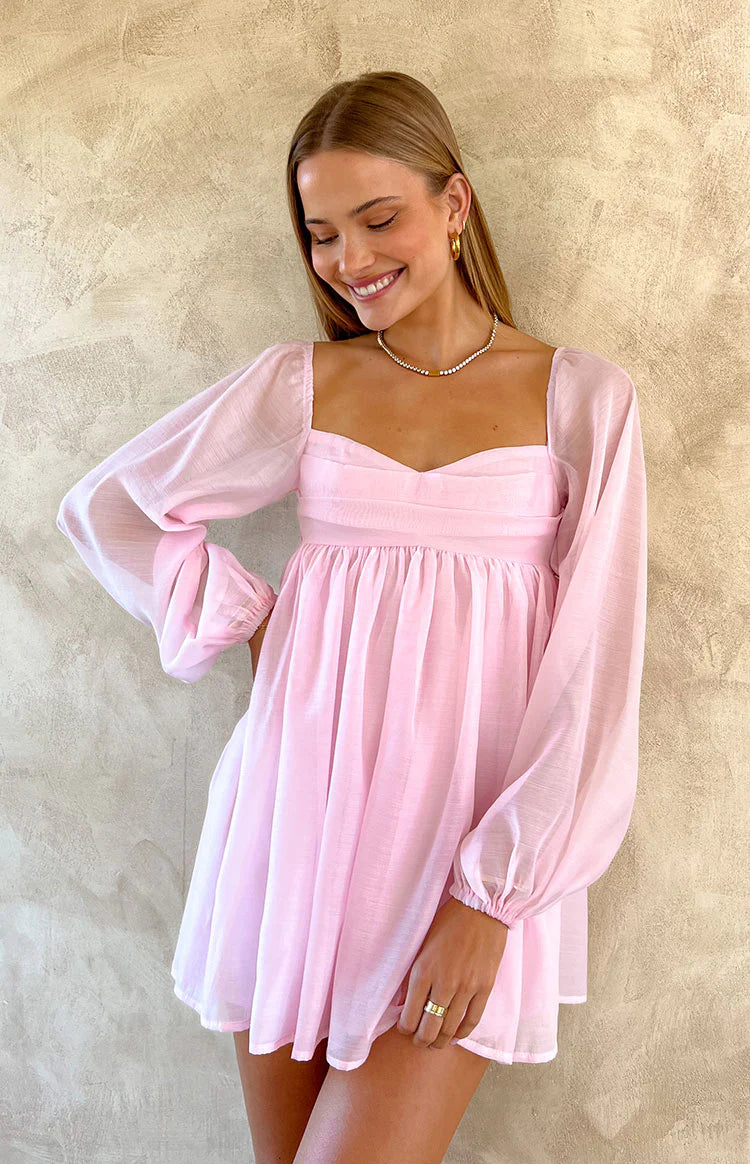 pink long sleeve ruffle dress Fashion Hot Pink Deep V-Neck Tie-Up Ruffle Dress with Long Sleeve