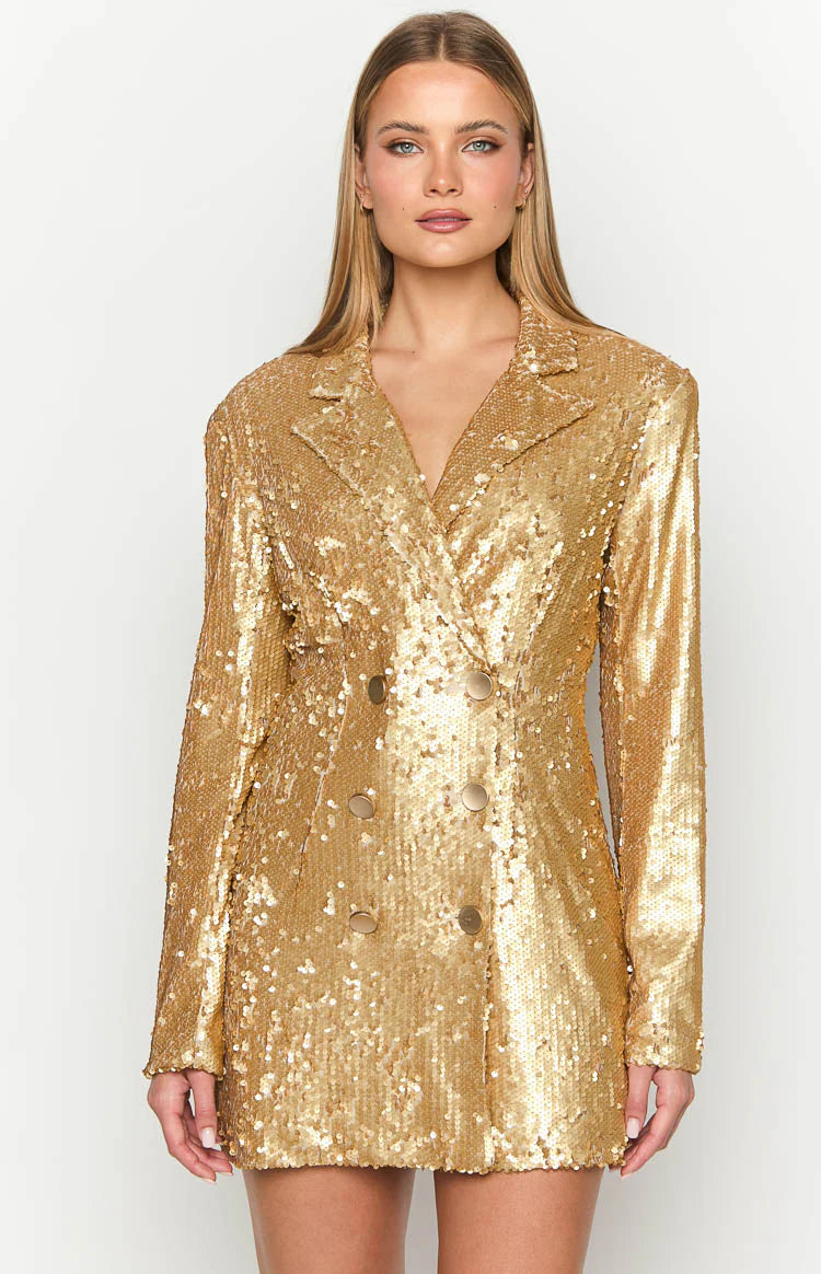 Natalie Gold Sequin Blazer Mini Dress - US 2 | Beginning Boutique Exclusive Natalie Gold Sequin Blazer Mini Dress - US 2 | Beginning Boutique Exclusive