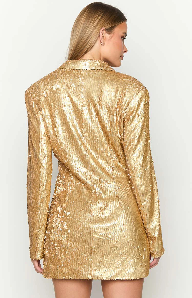 Natalie Gold Sequin Blazer Mini Dress - US 2 | Beginning Boutique Exclusive Natalie Gold Sequin Blazer Mini Dress - US 2 | Beginning Boutique Exclusive