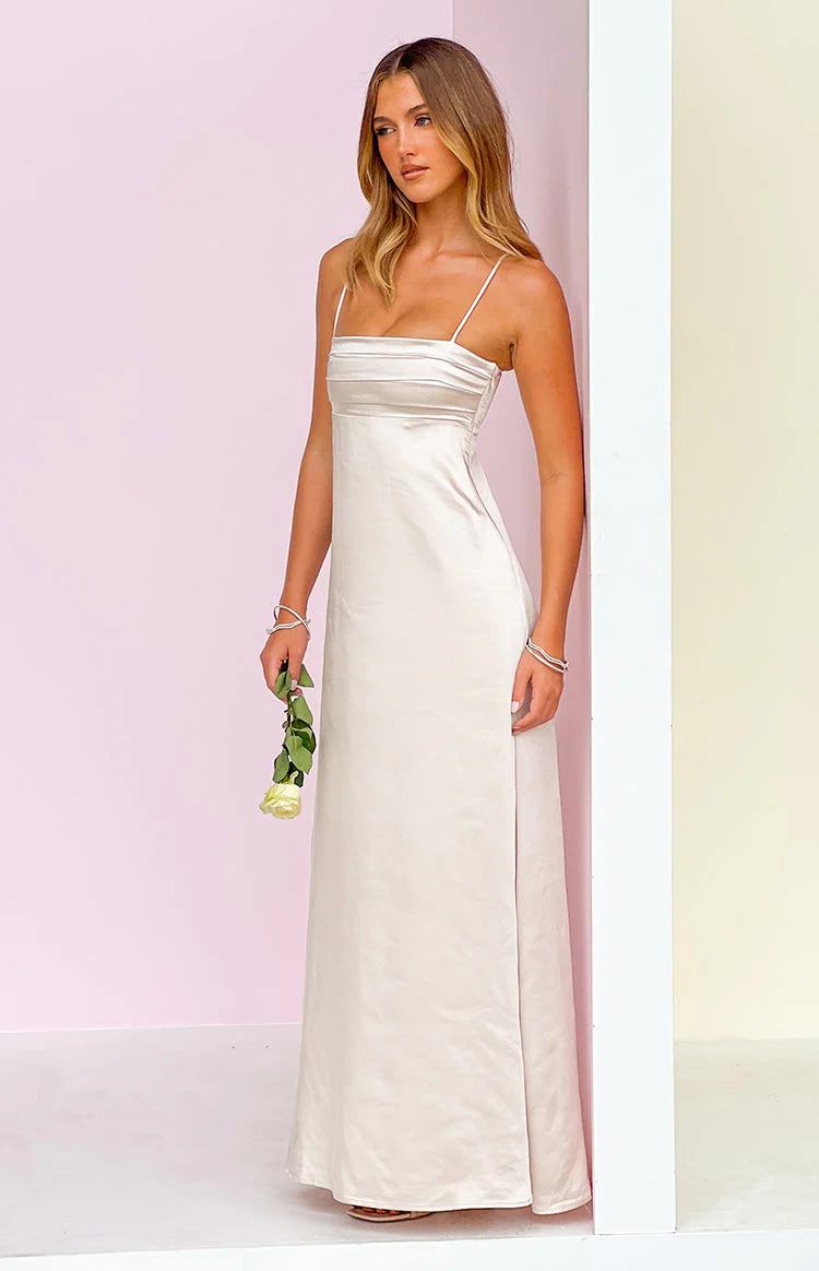 Natasha Cream Satin Maxi Dress - US 10