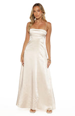 cream satin embellished bib maxi dress Sleeveless Satin V-Neck, Kassie Maxi Dress in Cream, Size XL, For Bachelorette Or Brides