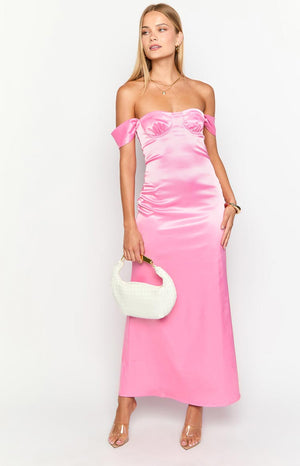 Beginning Boutique Naveah Pink Off Shoulder Maxi Dress pink satin off-shoulder maxi dress with bustier bodice and ruched side