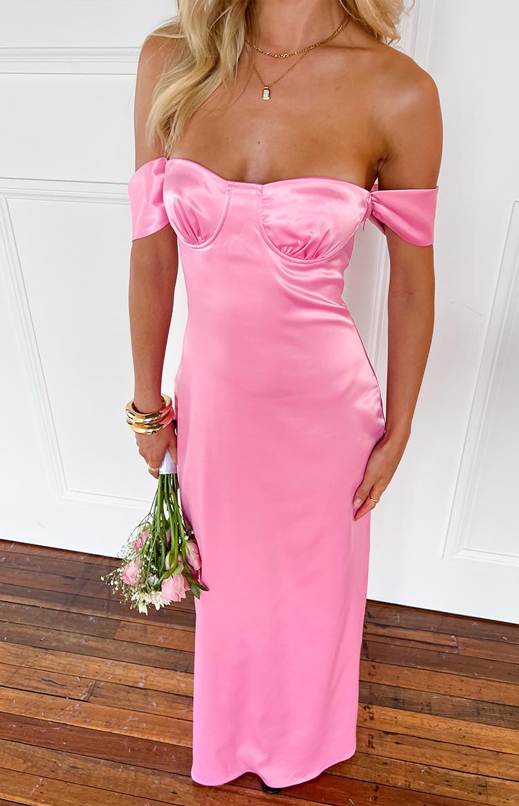 Pink satin off-shoulder maxi dress with sweetheart neckline and fitted bust cups