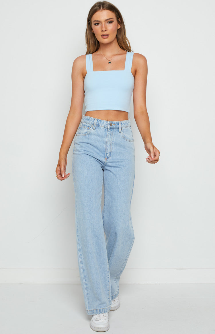 Light blue ribbed knit crop top with a square neckline and thick shoulder straps
