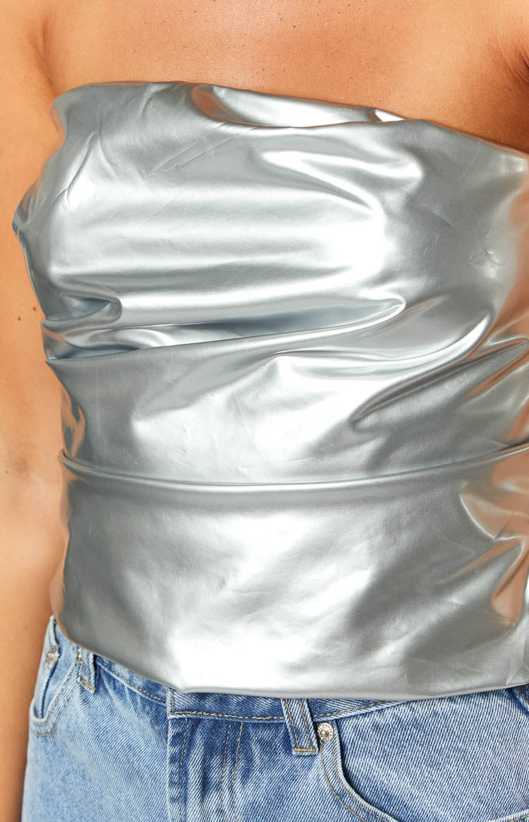 Never There Silver Metallic Strapless Top Image