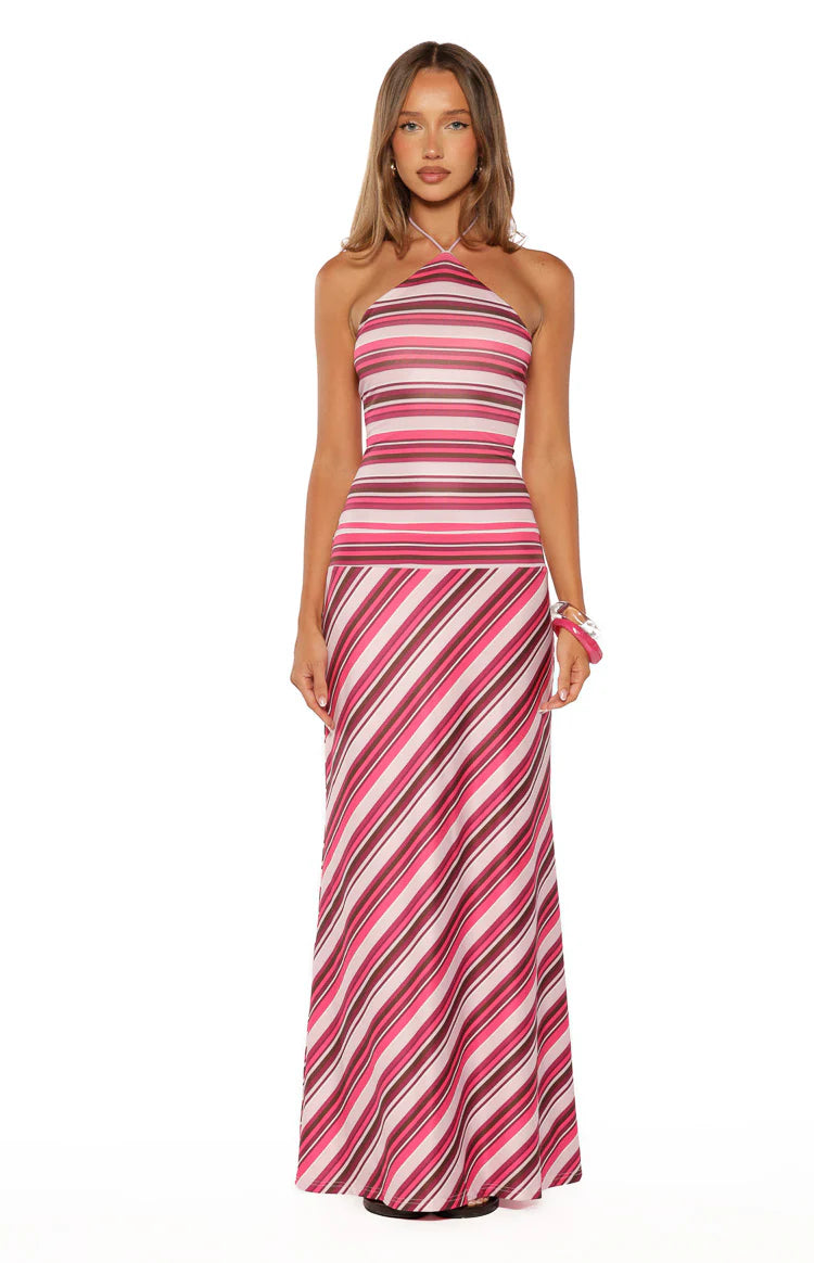 cabi bow halter maxi dress Nicoby Pink Multi Stripe Halter Maxi Dress - US 14