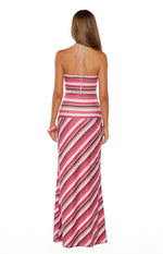 Rear view of the pink multi stripe halter maxi dress showing the tie-back halter neckline and horizontal and diagonal stripes