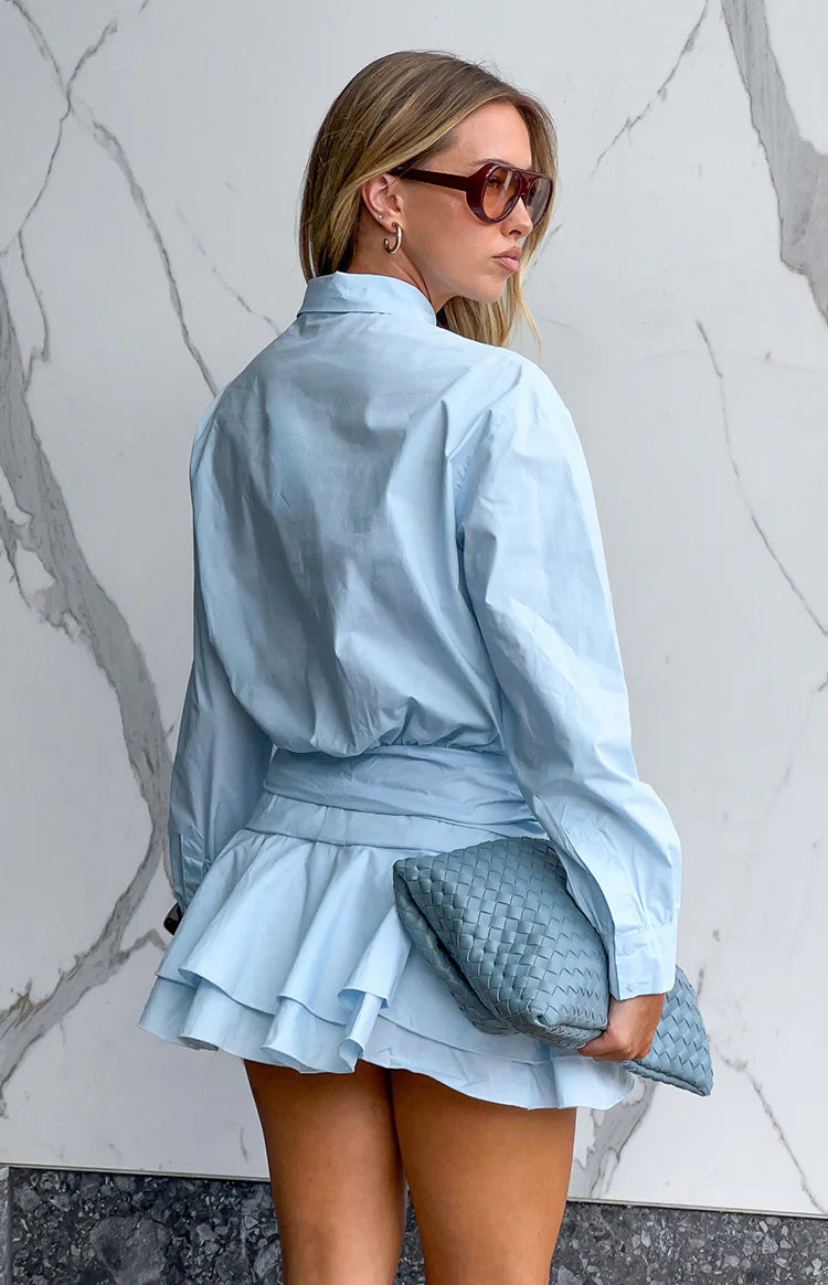 Nicolaini Light Blue Long Sleeve Mini Shirt Dress - US 0