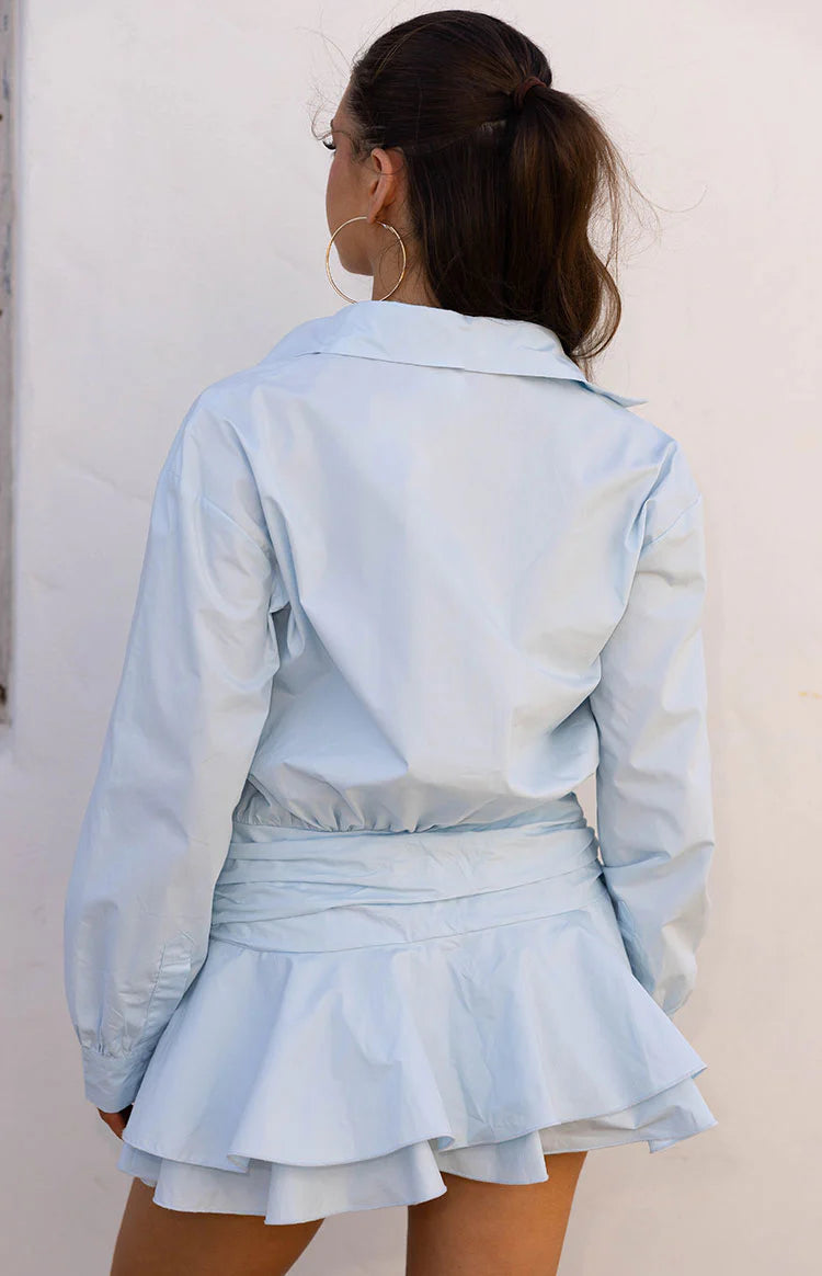 light blue long sleeve mini dress boohoo Women's Long Sleeve Drape Front Mini Dress in Baby Blue | Size: 10