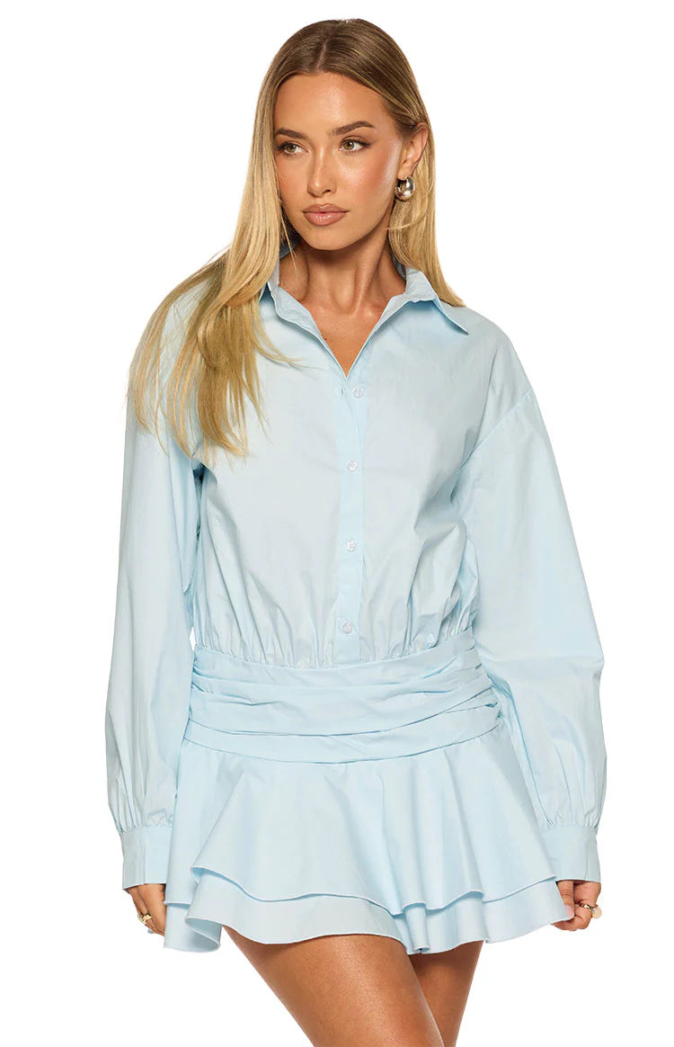 Nicolaini Light Blue Long Sleeve Mini Shirt Dress - US 0