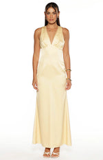 Nicolina Yellow Satin Formal Maxi Dress