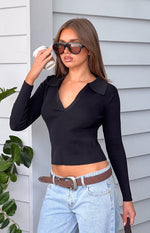 Beginning Boutique Nina Black Ribbed Knit Long Sleeve Sweater black ribbed knit collared V-neck cropped sweater