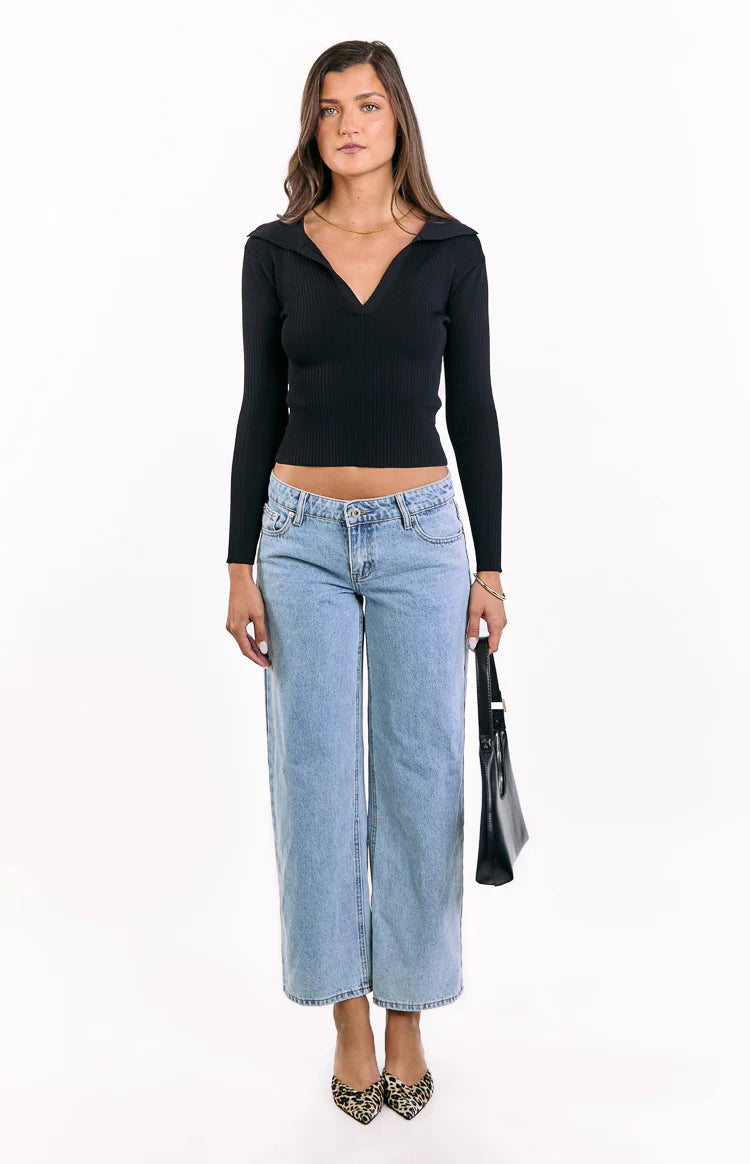 Nina Black Ribbed Knit Long Sleeve Sweater
