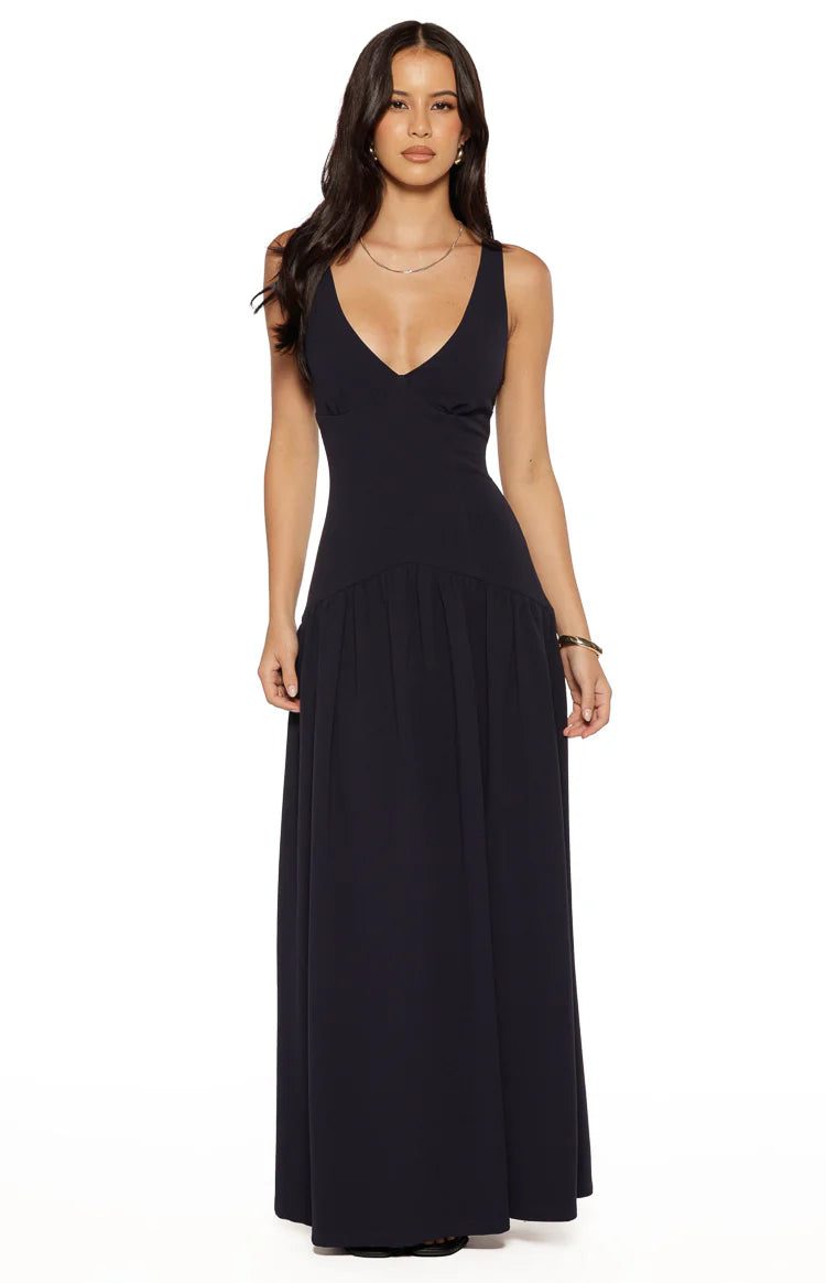 Novi Navy Drop Waist Crepe Maxi Dress