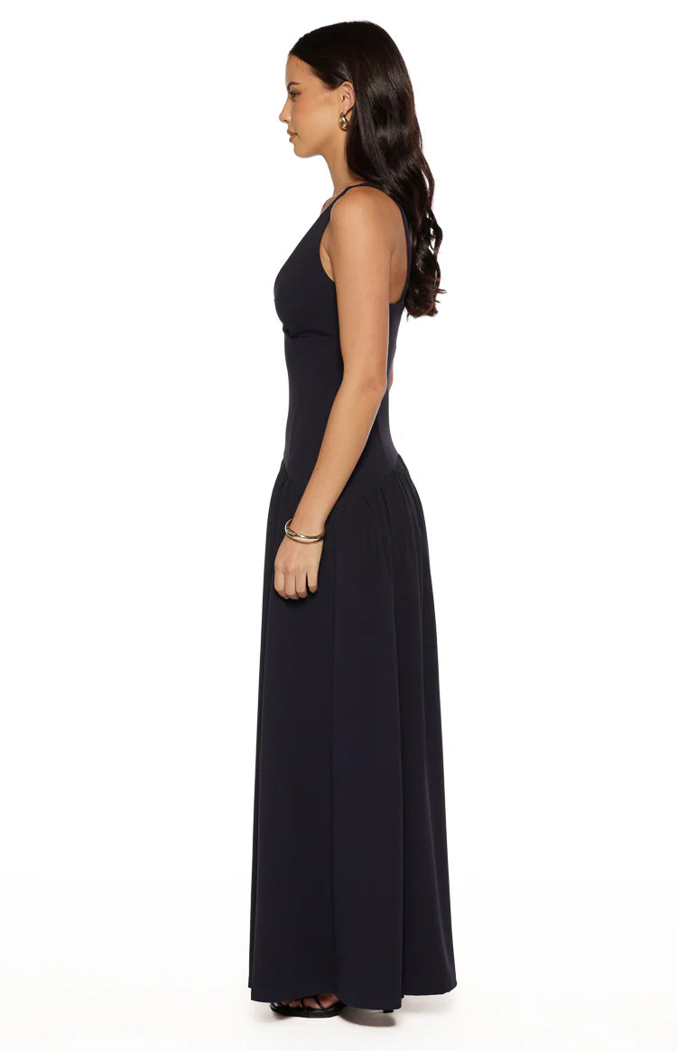 Novi Navy Drop Waist Crepe Maxi Dress - US 8 | Beginning Boutique Exclusive Novi Navy Drop Waist Crepe Maxi Dress - US 8 | Beginning Boutique Exclusive