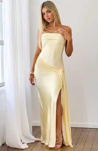 Novie Yellow Tie Detail Satin Strapless Maxi Dress - US 0