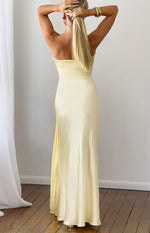 Novie Yellow Tie Detail Satin Strapless Maxi Dress