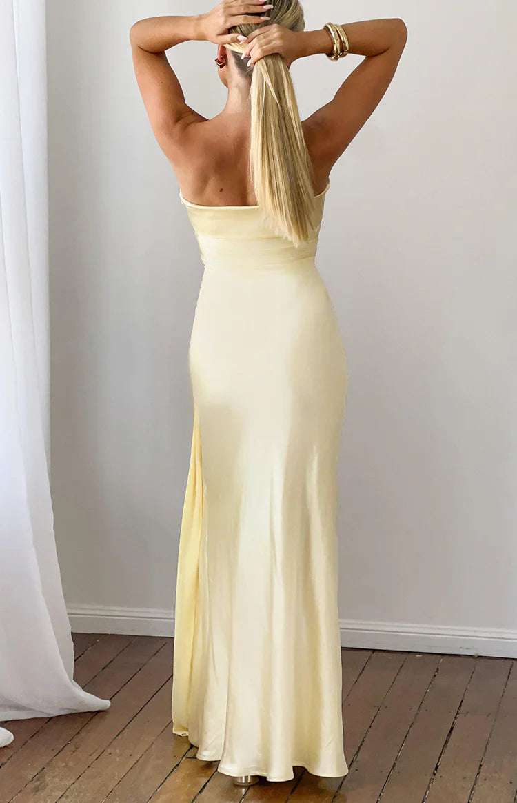 Novie Yellow Tie Detail Satin Strapless Maxi Dress - US 0 | Beginning Boutique Exclusive Novie Yellow Tie Detail Satin Strapless Maxi Dress - US 0 | Beginning Boutique Exclusive