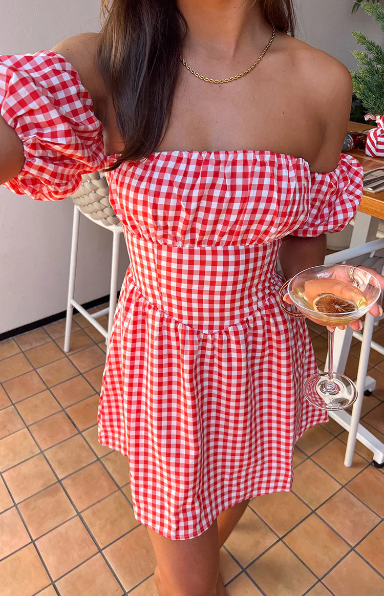 Love Lost Off The Shoulder Red Gingham Mini Dress - US 8 | Beginning Boutique exclusive Love Lost Off The Shoulder Red Gingham Mini Dress - US 8 | Beginning Boutique exclusive