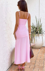 Rear view of a light pink midi dress with thin adjustable spaghetti straps and a straight back neckline