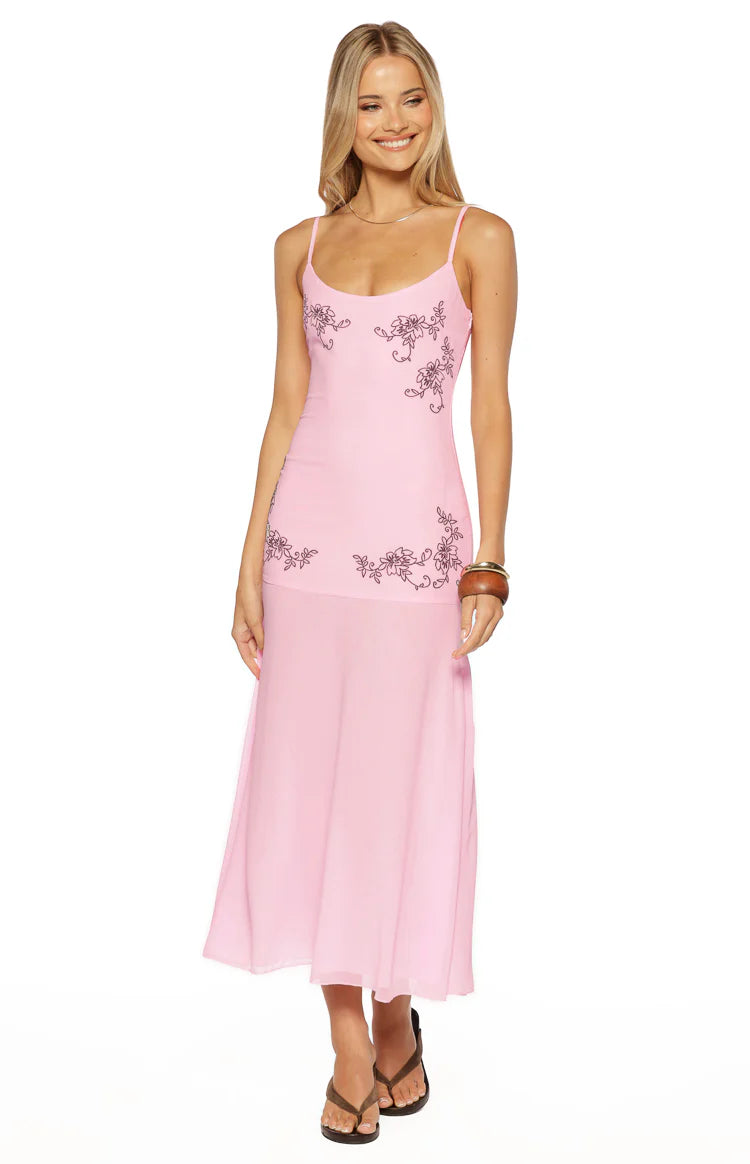 Oaklee Light Pink Embroidered Midi Dress - US 10 | Beginning Boutique exclusive Oaklee Light Pink Embroidered Midi Dress - US 10 | Beginning Boutique exclusive