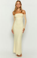 Beginning Boutique Odette Cream Long Sleeve Formal Maxi Dress cream strapless ruched bodice maxi with sheer off-shoulder sleeves