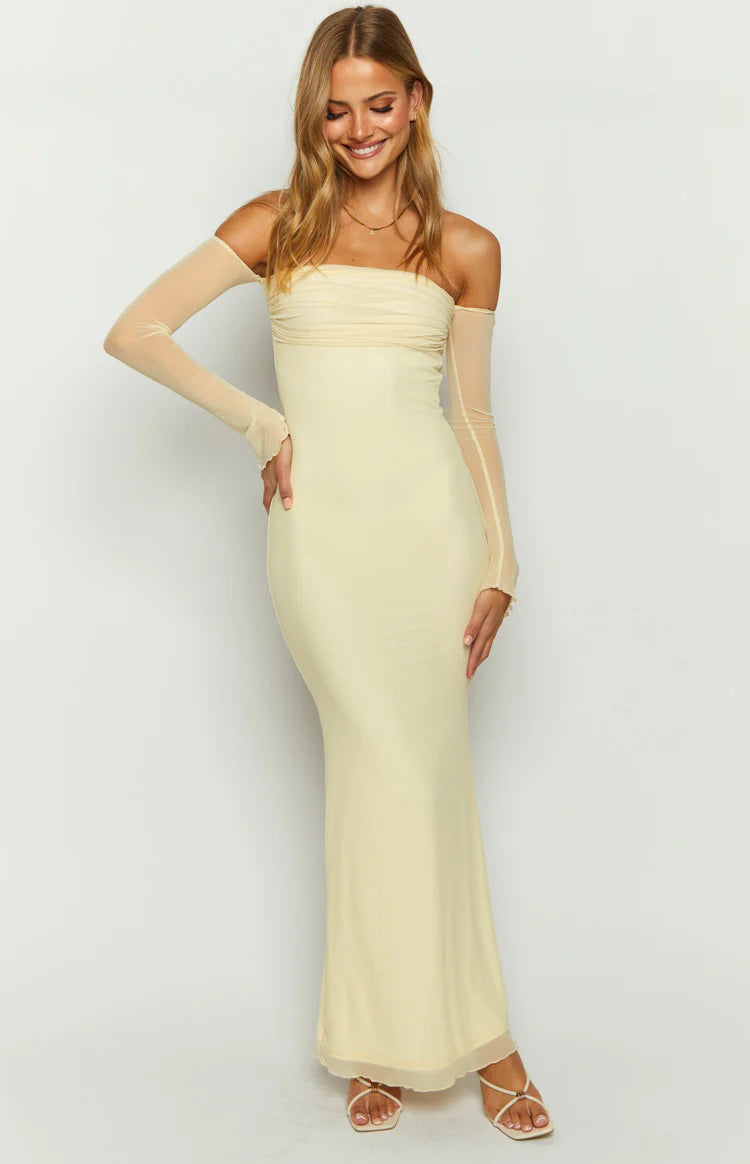 Odette Cream Long Sleeve Formal Maxi Dress - US 16 | Beginning Boutique Exclusive Odette Cream Long Sleeve Formal Maxi Dress - US 16 | Beginning Boutique Exclusive