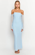 Light blue strapless maxi dress featuring a ruched bodice and sheer detached long sleeves