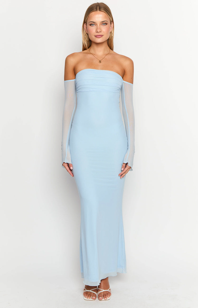 Light blue strapless maxi dress featuring a ruched bodice and sheer detached long sleeves