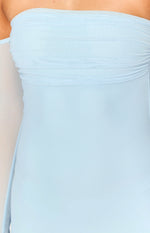 Close-up of the light blue mesh ruched strapless bodice of a maxi dress