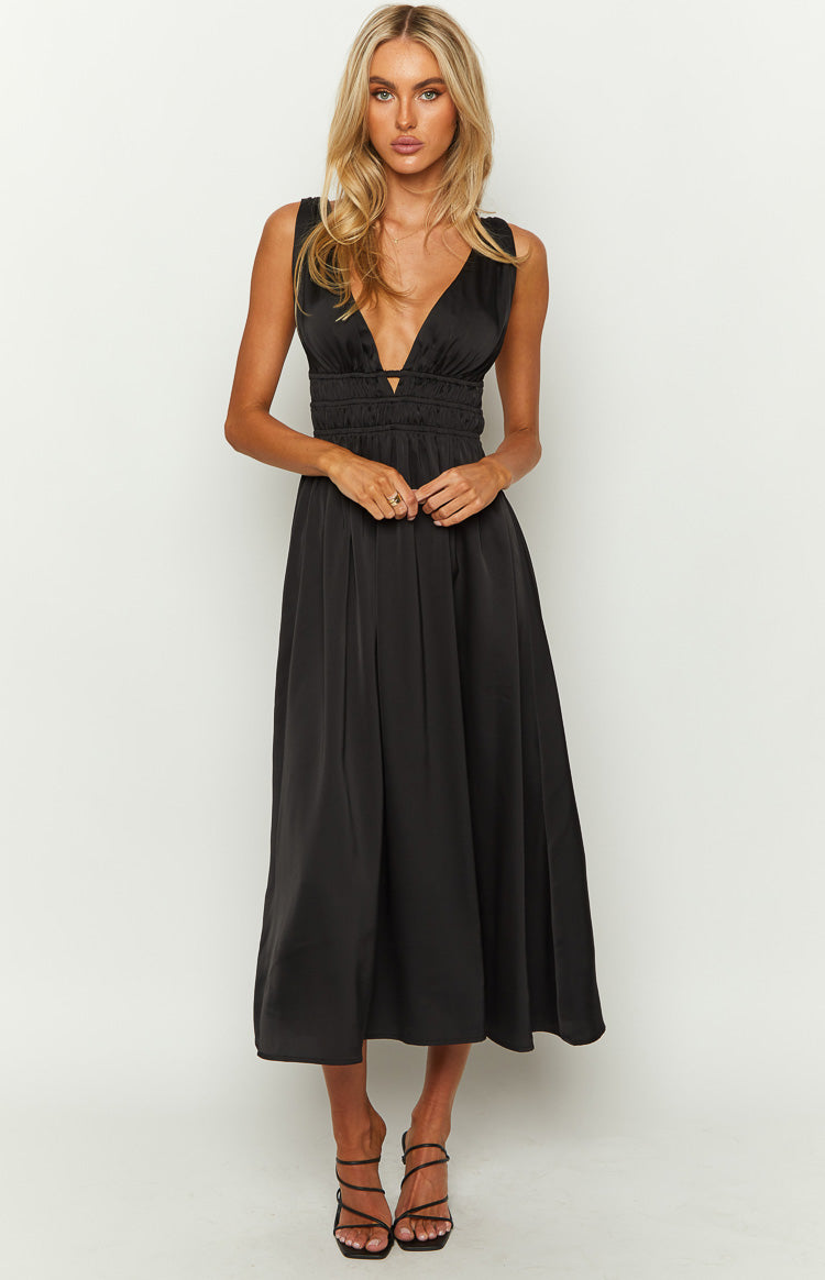 Ophelia Black Satin Maxi Dress Image