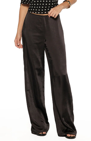 Beginning Boutique Orla Black Satin Straight Leg Pants â€” black satin high-waisted straight leg pants with a relaxed fit