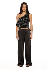 Full length front view of black satin straight leg pants with a V-shaped waistline