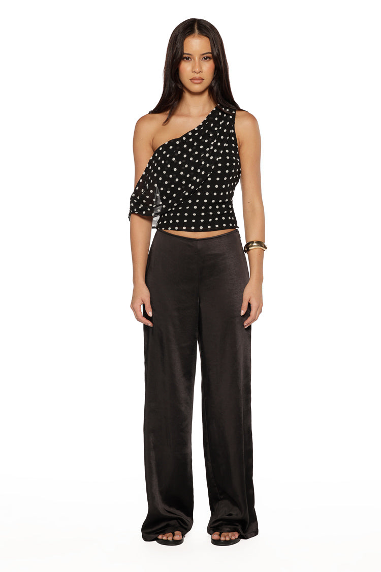 Full length front view of black satin straight leg pants with a V-shaped waistline