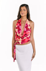 Yellow orchid print tie top with a deep cowl V neckline and wrap-around waist ties