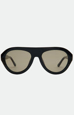 A pair of black thick-framed sunglasses with a flat top and a slightly rounded teardrop shape.