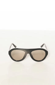 Front view of black aviator sunglasses with dark lenses and a subtle wood-grain texture on the frames