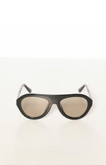 Front view of black aviator sunglasses with dark lenses and a subtle wood-grain texture on the frames