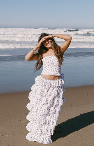 Paisley White Floral Ruffle Maxi Skirt